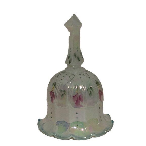 VINTAGE FENTON OPALESCENT PINK FLORAL HAND PAINTED Ruffle Bell Signed J Powell - Picture 1 of 9
